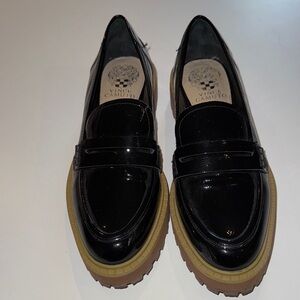 Vince Camuto Black Patent Loafers with Tan Sole